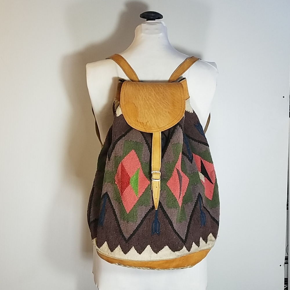 Handwoven Aztec Pattern Canvas Backpack with Tan Leather Trim